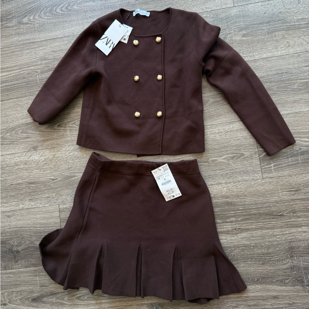 Brown Double-Breasted Skirt Suit